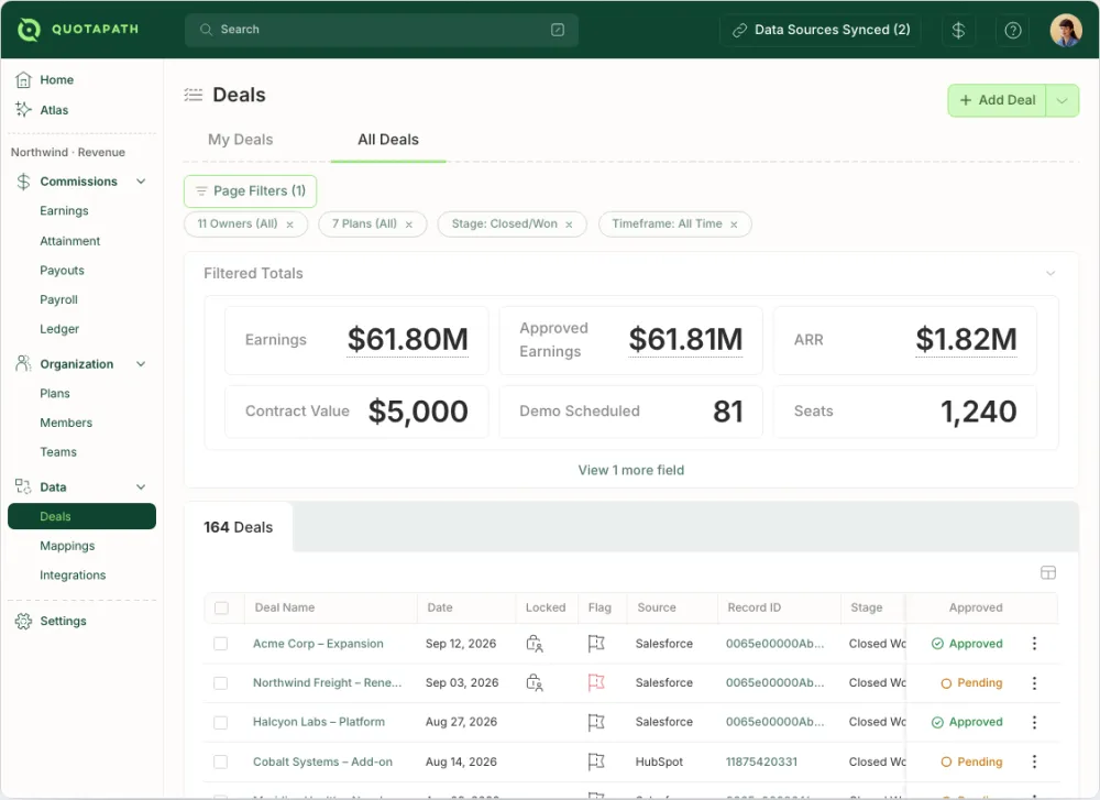 The QuotaPath workspace Deals screen, on demo data