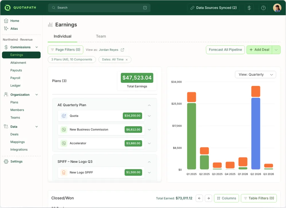 The QuotaPath workspace Earnings screen, on demo data