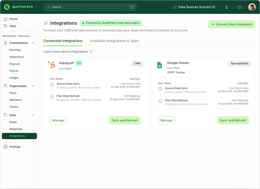 The QuotaPath workspace Integrations screen, on demo data