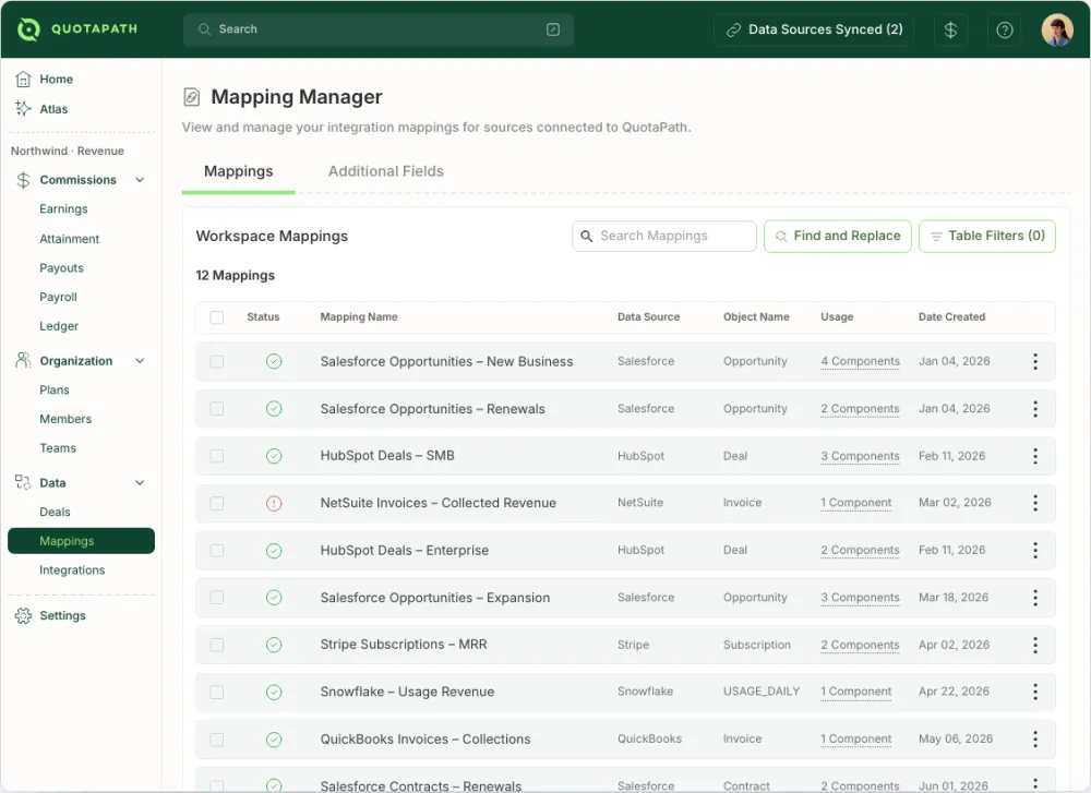 The QuotaPath workspace Mappings screen, on demo data