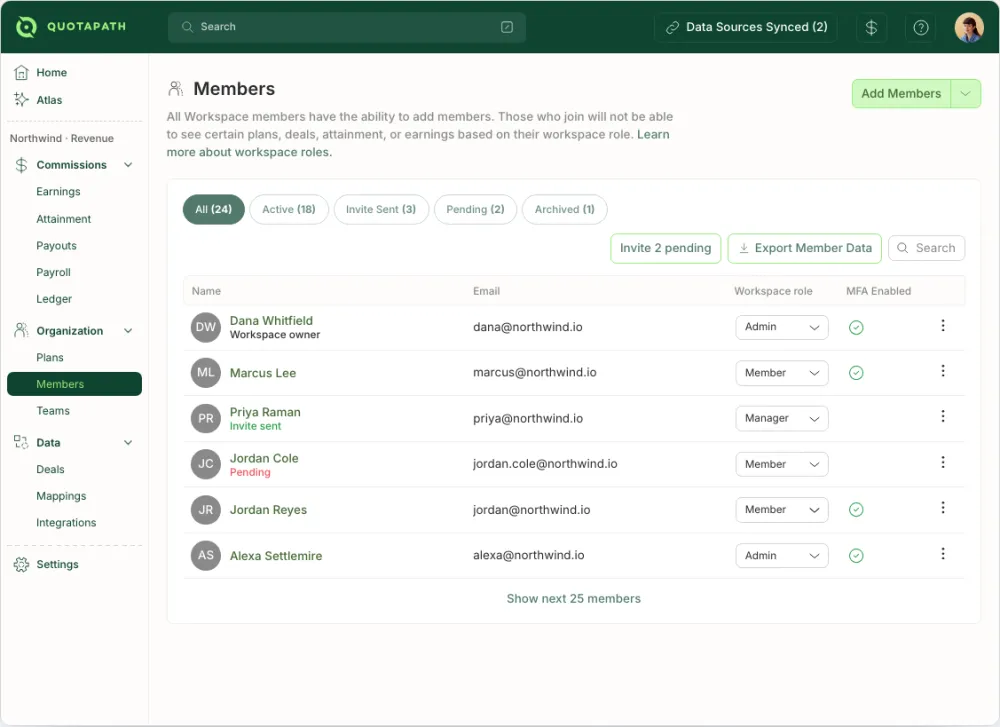 The QuotaPath workspace Members screen, on demo data