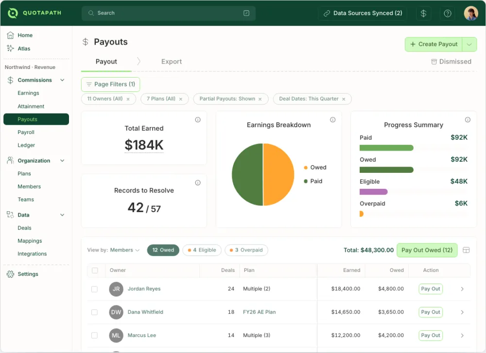 The QuotaPath workspace Payouts screen, on demo data