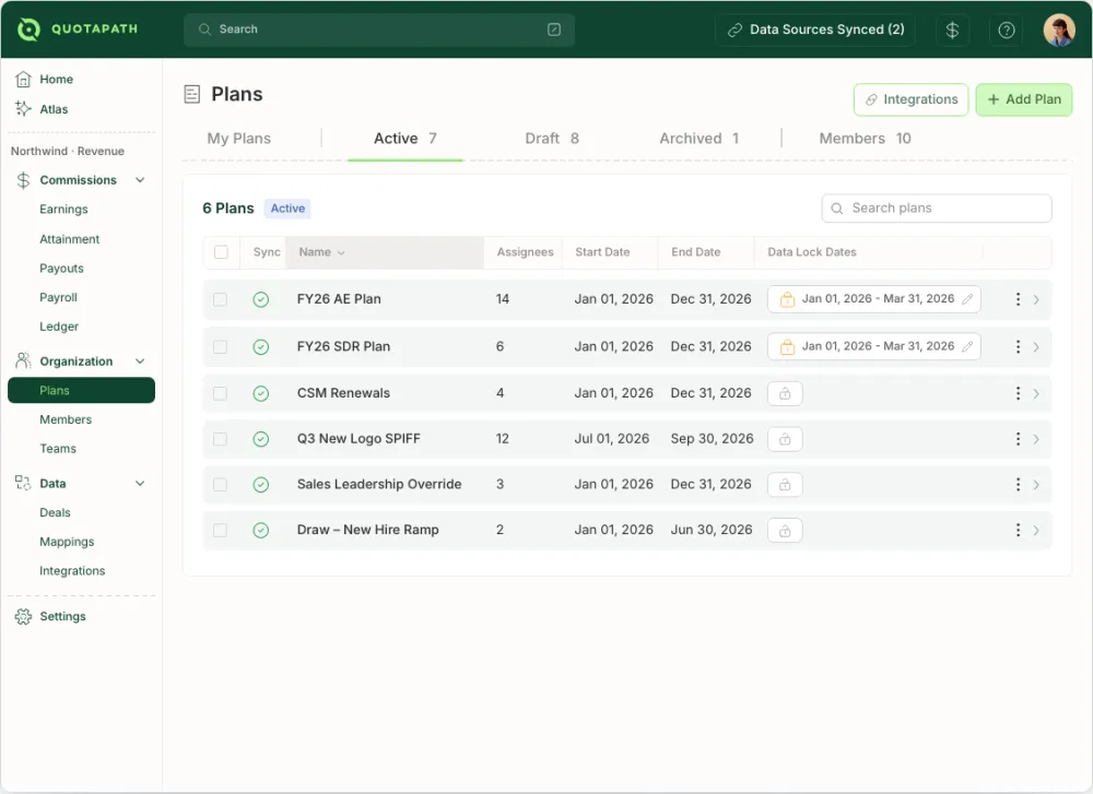 The QuotaPath workspace Plans screen, on demo data