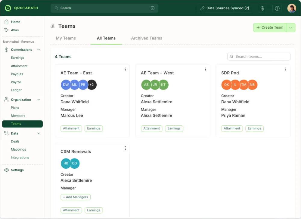The QuotaPath workspace Teams screen, on demo data