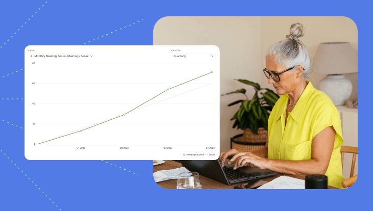 what is sales quota management? Blog hero image features woman working at desk plus image of quota attainment from QuotaPath commission tracking platform.