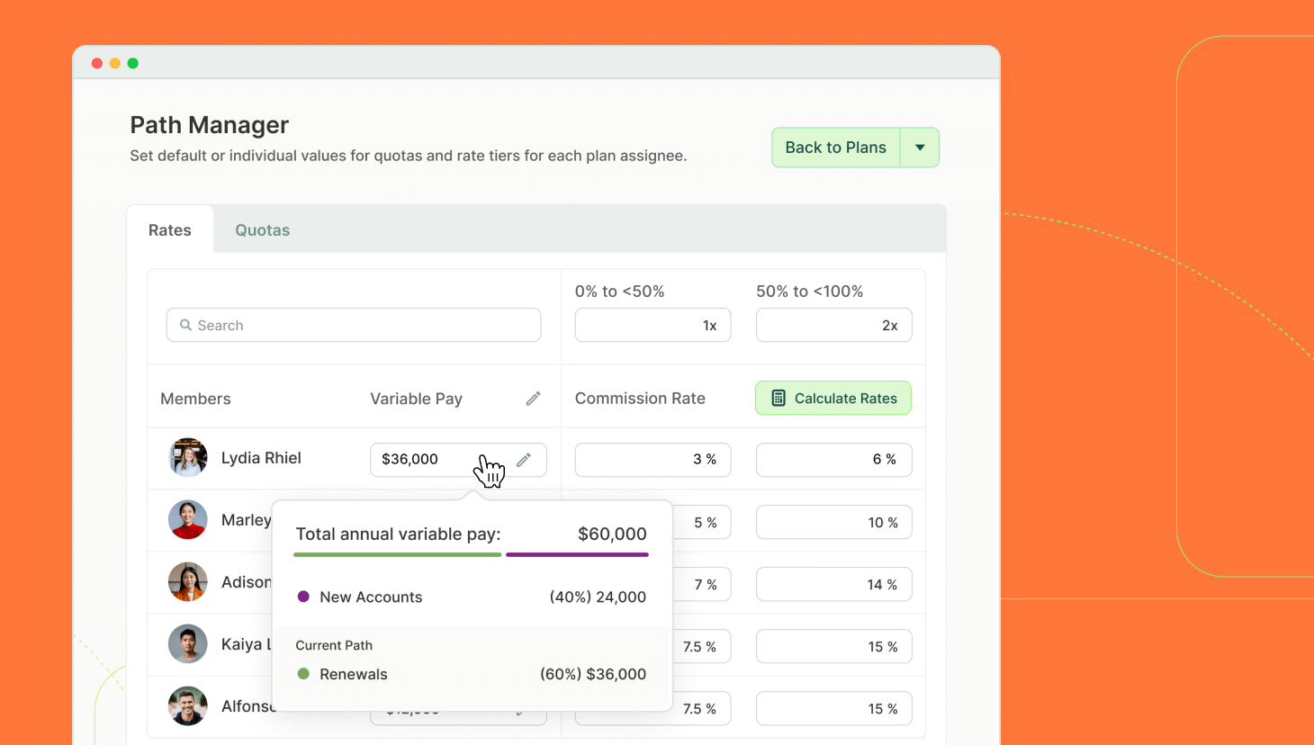 Auto commission rates product image of feature in QuotaPath over orange background