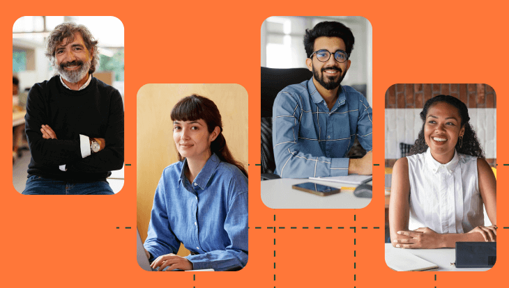 commission rates by role, orange background with four vertical images of people