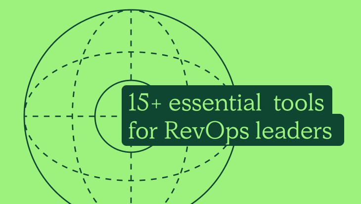 RevOps tools, green background with text "15+ essential revOps tools"