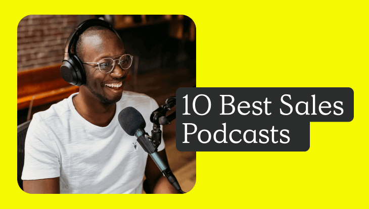 best sales podcasts, yellow background with man in headphones smiling over microphone at desk
