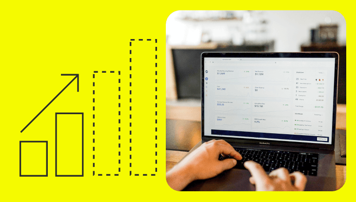 revops metrics, yellow background with graph icon and image of computer screen with a chart