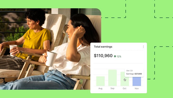 what is incentive compensation management? green background with two people sitting and an example commission report from quotapath
