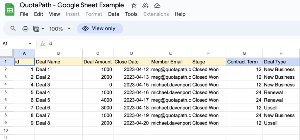 Google Sheet Example in QuotaPath