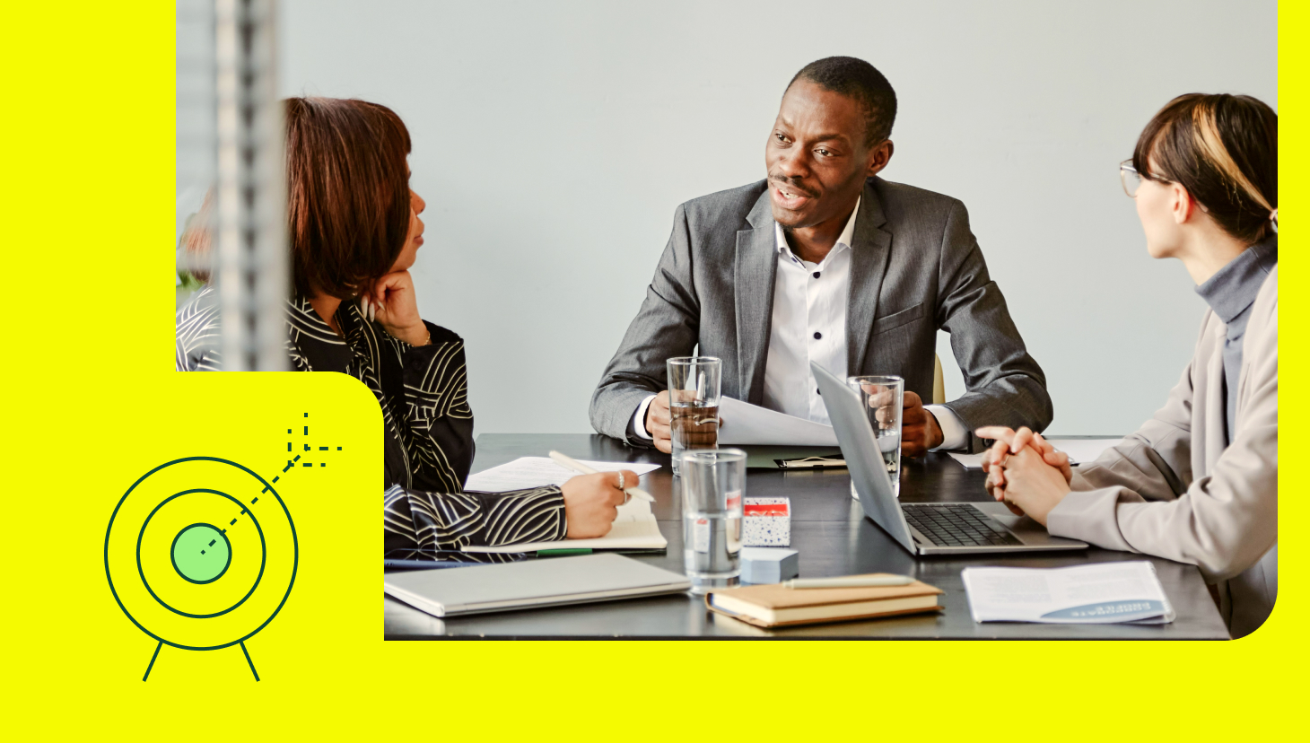 lead a sales team to achieve targets yellow background, target icon, and candid of three people meeting