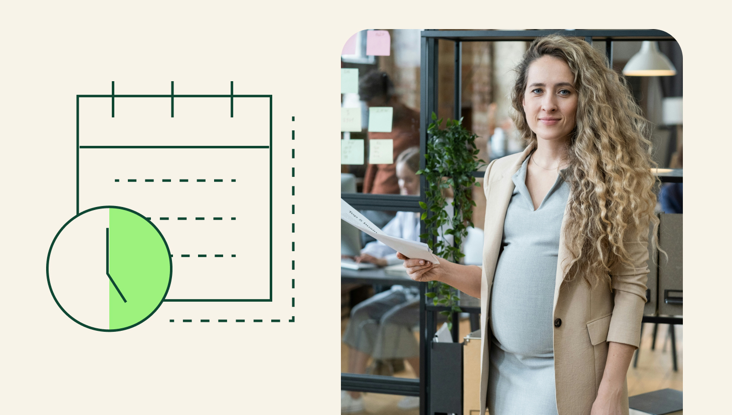 parental leave policy comp plans, image of pregnant woman and calendar at work
