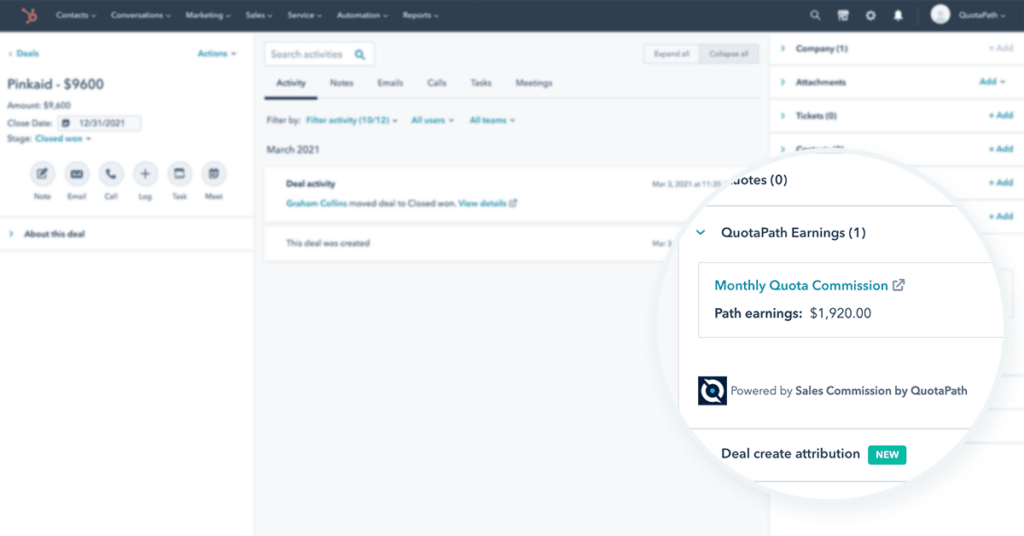 quotapath hubspot commission tracking. image of hubspot cards