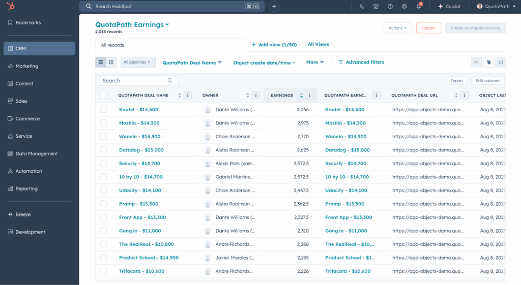 Earnings object in hubspot via QuotaPath