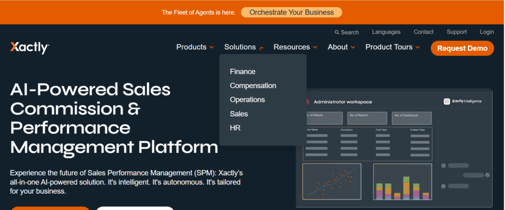 Xactly homepage with "AI-Powered Sales Commission and Performance Management Platform" headline, featuring its administrator workspace UI
