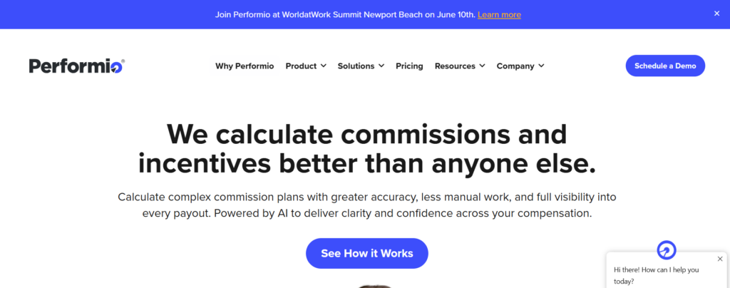 Performio homepage headlined "We calculate commissions and incentives better than anyone else," positioning its AI-powered commission platform