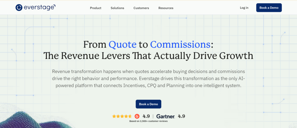 Everstage homepage headlined "From Quote to Commissions," positioning its AI-powered platform that connects Incentives, CPQ, and Planning