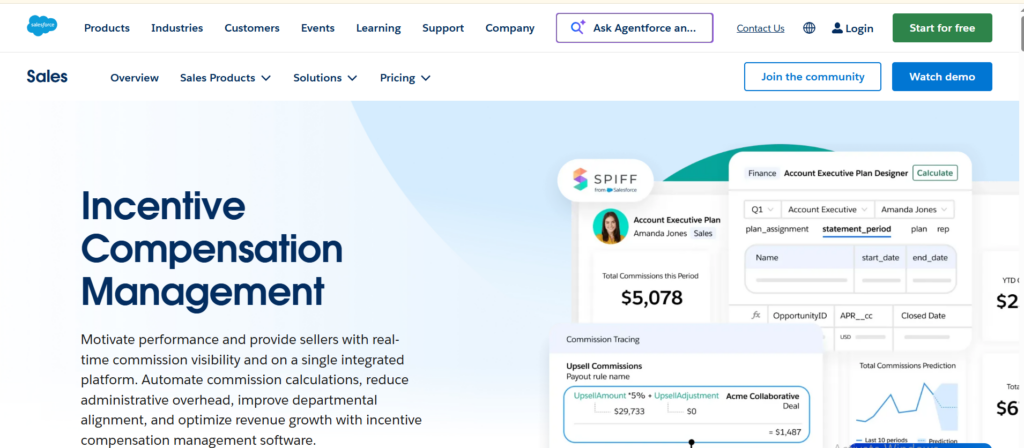 Salesforce Incentive Compensation Management page featuring Spiff, with account executive plan designer and commission tracing UI