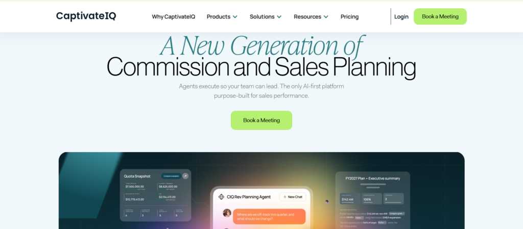 CaptivateIQ homepage headlined "A New Generation of Commission and Sales Planning," showing its AI-first agent interface with quota and planning data