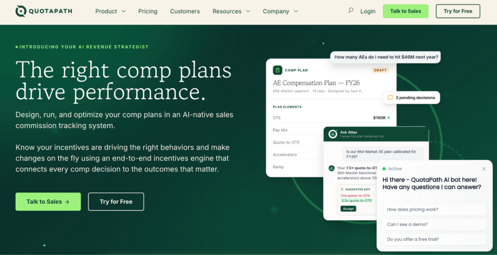 From QuotaPath home page - the right comp plans drive performance. Optimize comp plans in an AI-native sales commission tracking system.