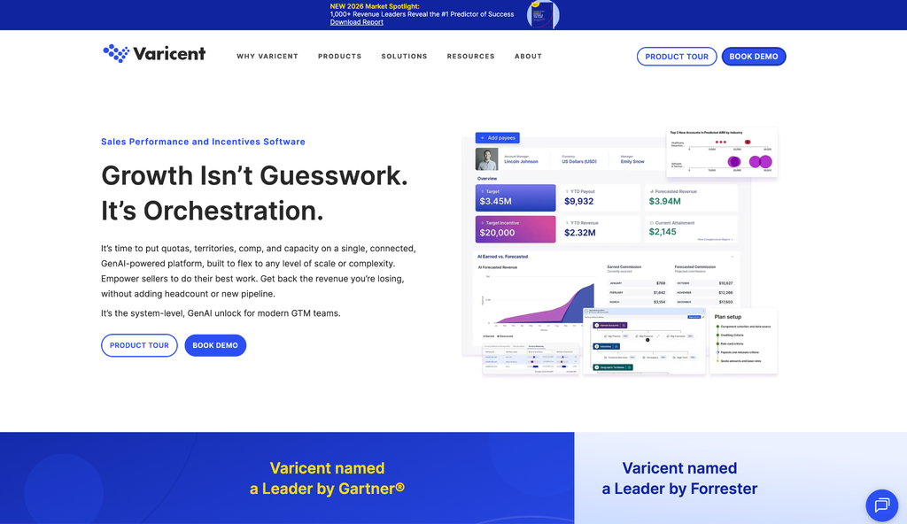 Varicent homepage describing a connected platform for quotas, territories, compensation and capacity, with a payout and attainment dashboard.
