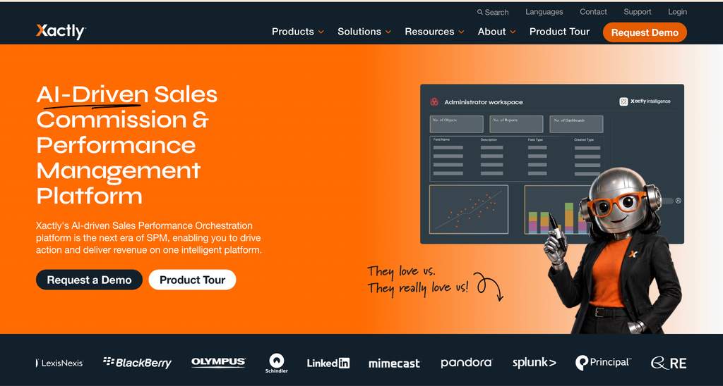 Xactly homepage describing an AI-driven sales commission and performance management platform, with an administrator workspace screenshot.