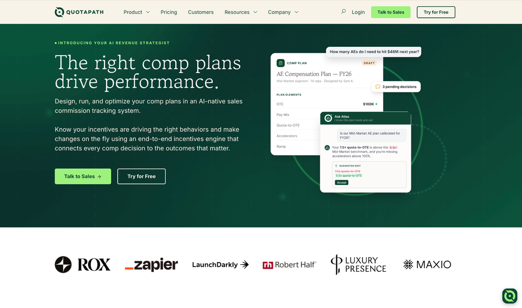 QuotaPath homepage showing a draft compensation plan with an Atlas panel flagging a quota-to-OTE ratio above benchmark.