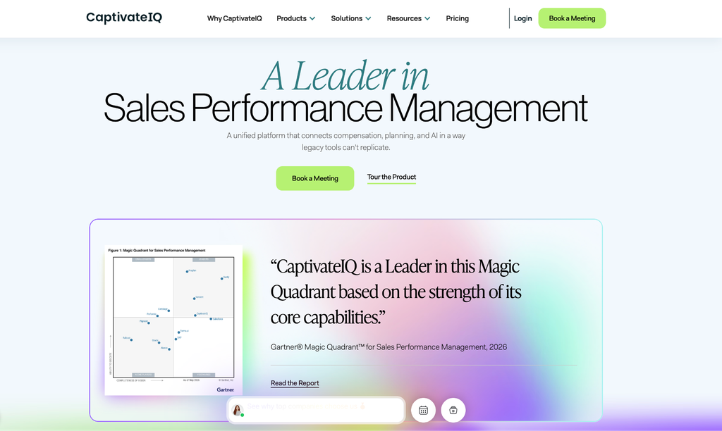 CaptivateIQ homepage positioning the product as a sales performance management platform, with a Gartner Magic Quadrant figure.
