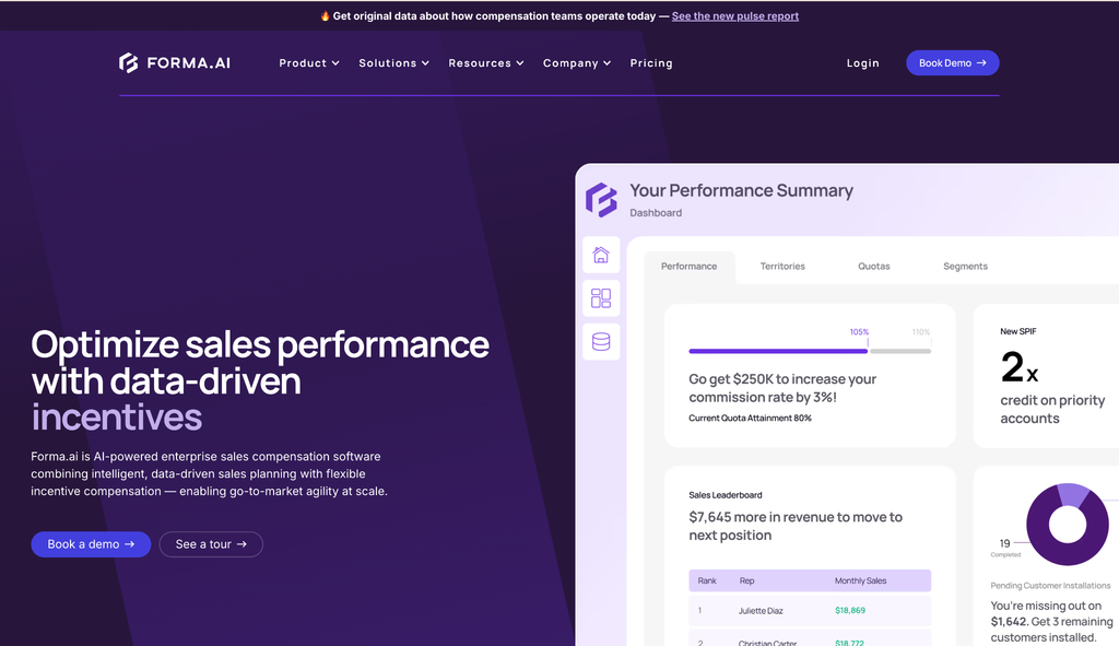 Forma.ai homepage describing AI-powered enterprise sales compensation software, with a rep performance dashboard.