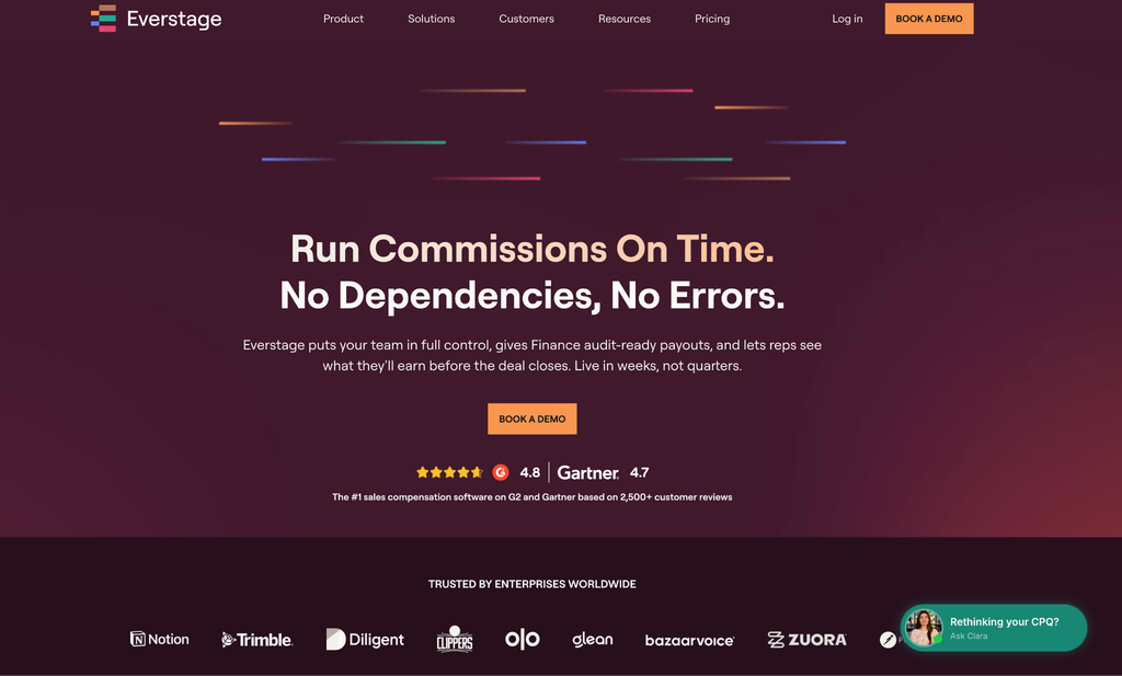 Everstage homepage promising commissions run on time, showing its G2 and Gartner review ratings.