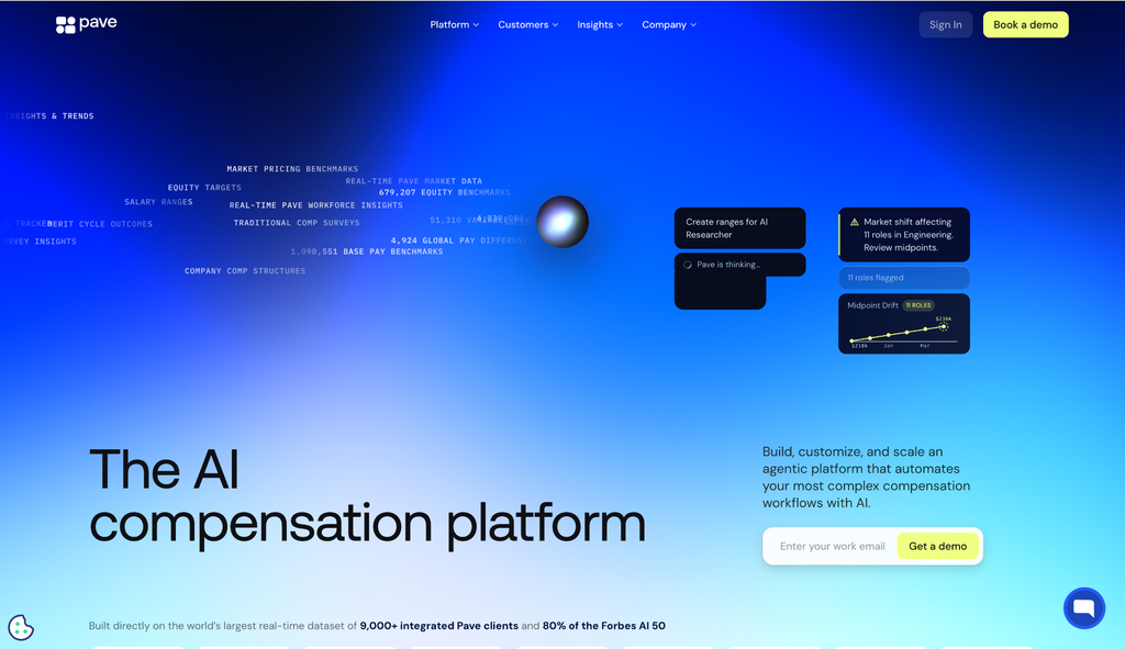 Pave homepage describing an AI compensation platform, with benchmark data counts and salary range panels.